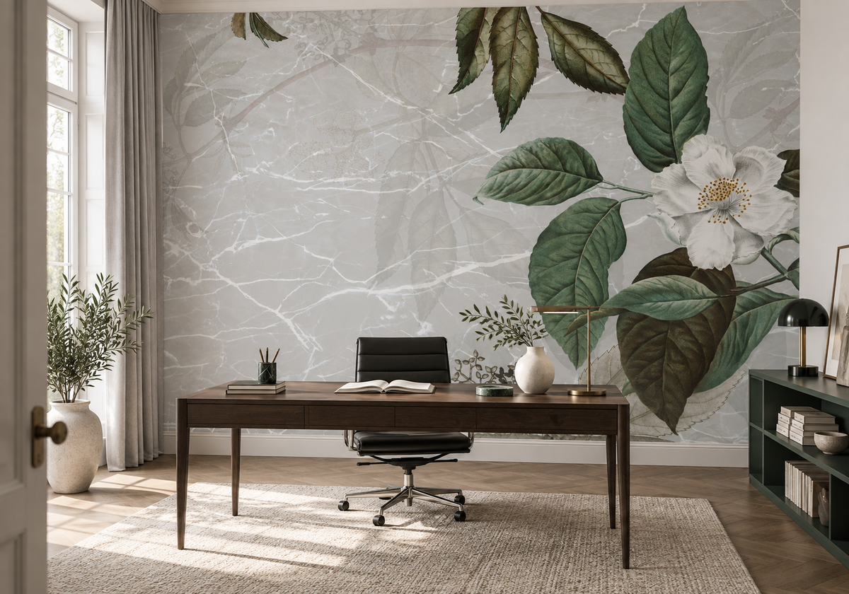 Papier peint botanique effet marbre Rose de Marbre dans un bureau design