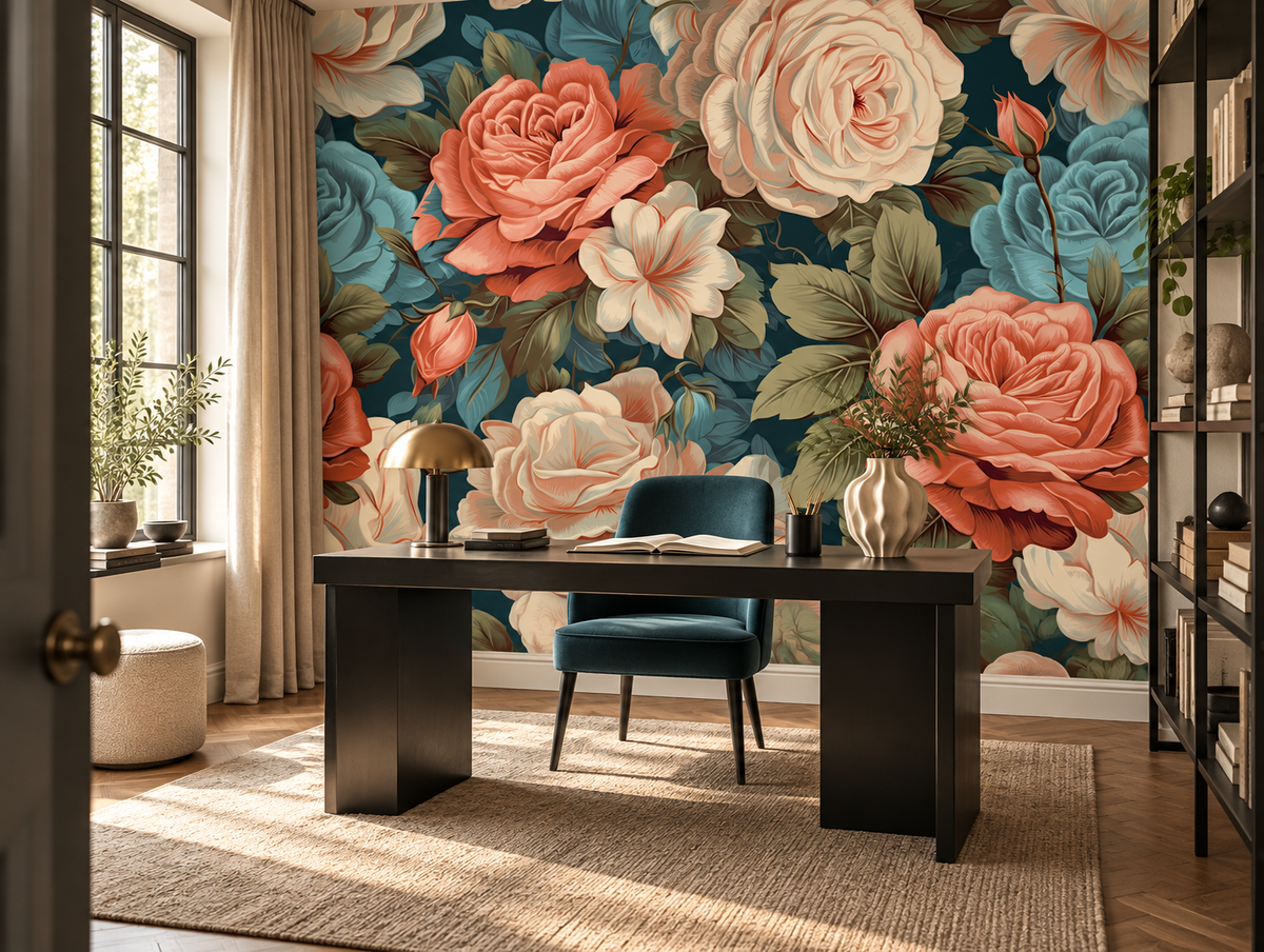 Papier peint panoramique Roses d’Écume dans un bureau créatif aux murs décorés
