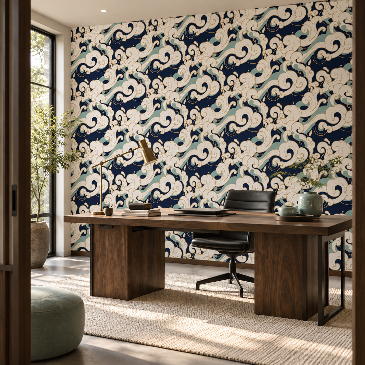 Décor graphique de vagues céladon Sillage Céleste dans un bureau design