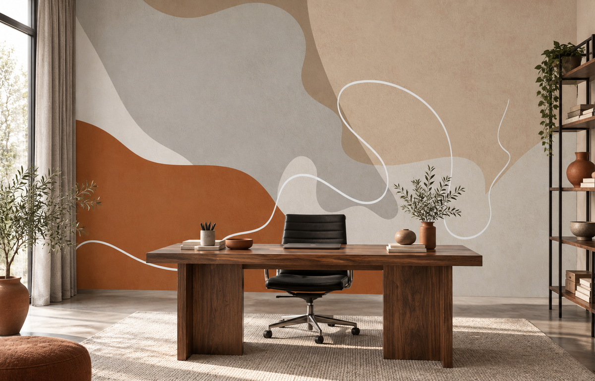 Décor mural Sillage Ocre dans un bureau créatif au mobilier en noyer
