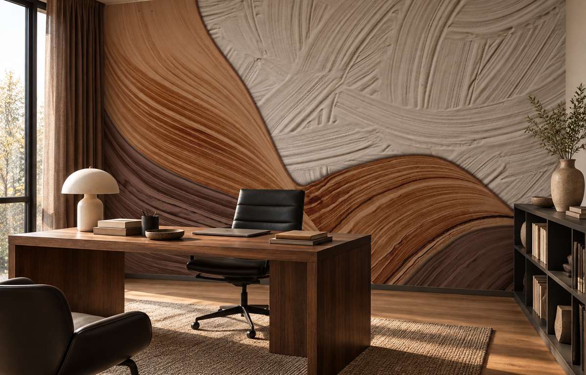Décor mural effet matière Strates d’Argile dans un bureau design avec mobilier sombre
