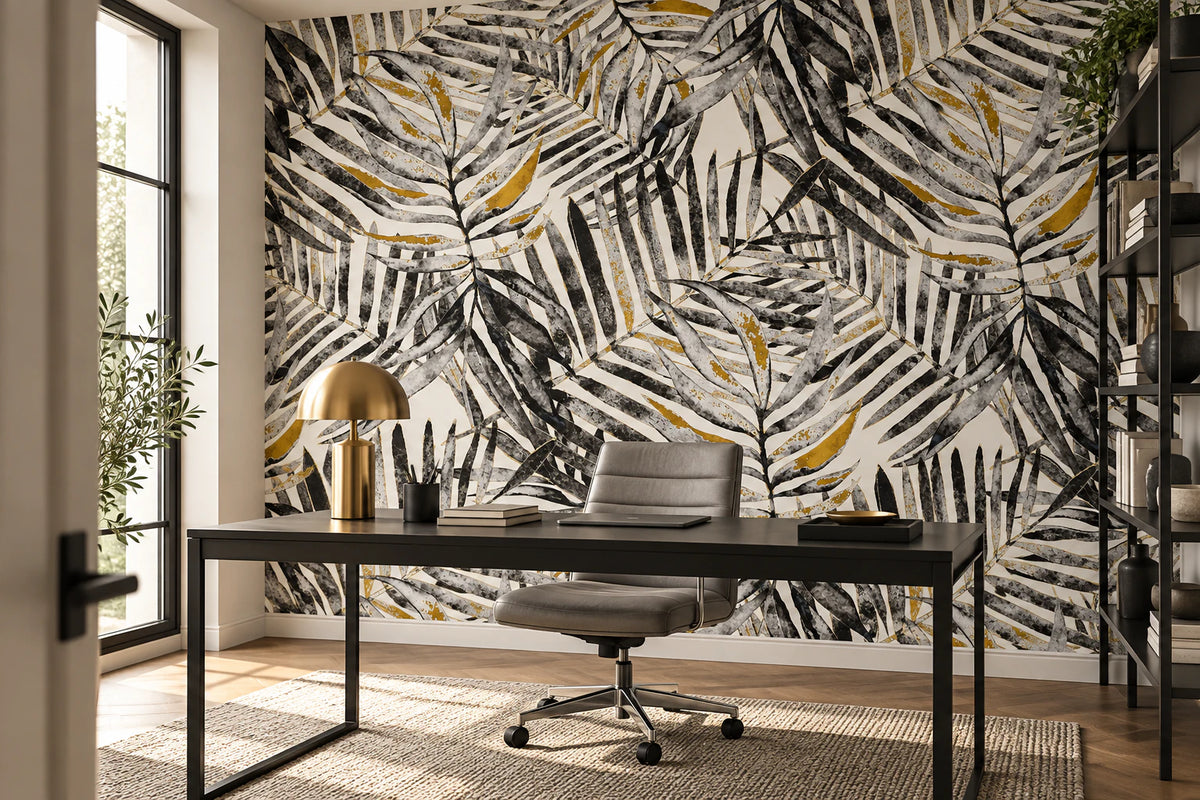 Papier peint sur mesure feuille tropicale noir et blanc - Bureau