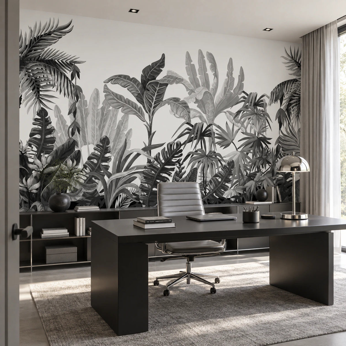 Papier peint panoramique jungle noir et blanc - Bureau