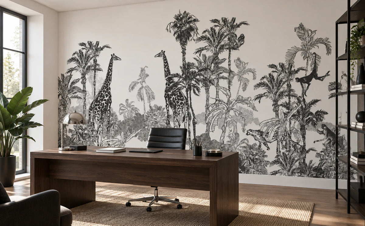Papier peint girafe dans la savane noir et blanc - Bureau