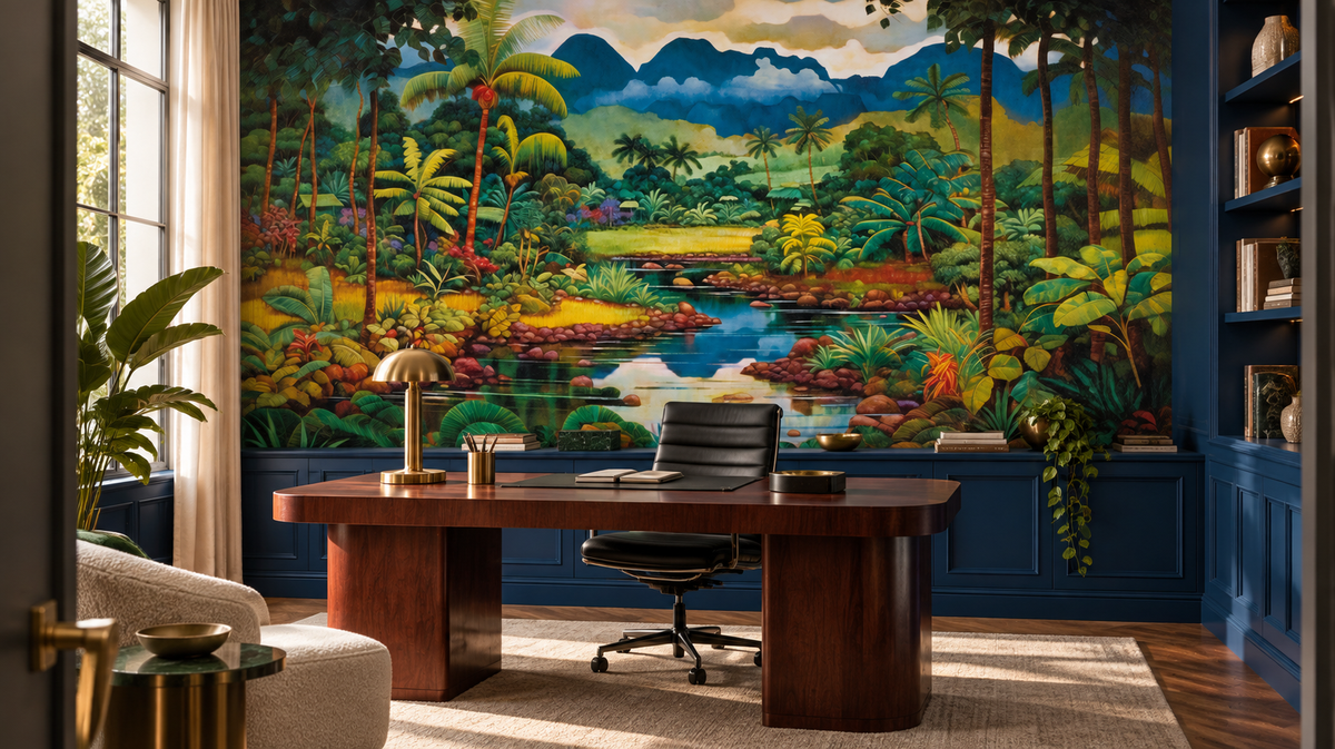 Décor tropical Vallée d’Émeraude sur le mur d’un bureau créatif