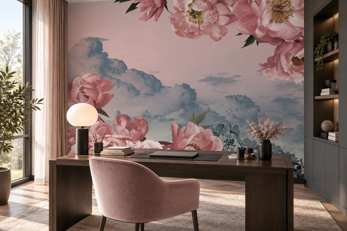 Papier peint panoramique fleurs roses - Bureau