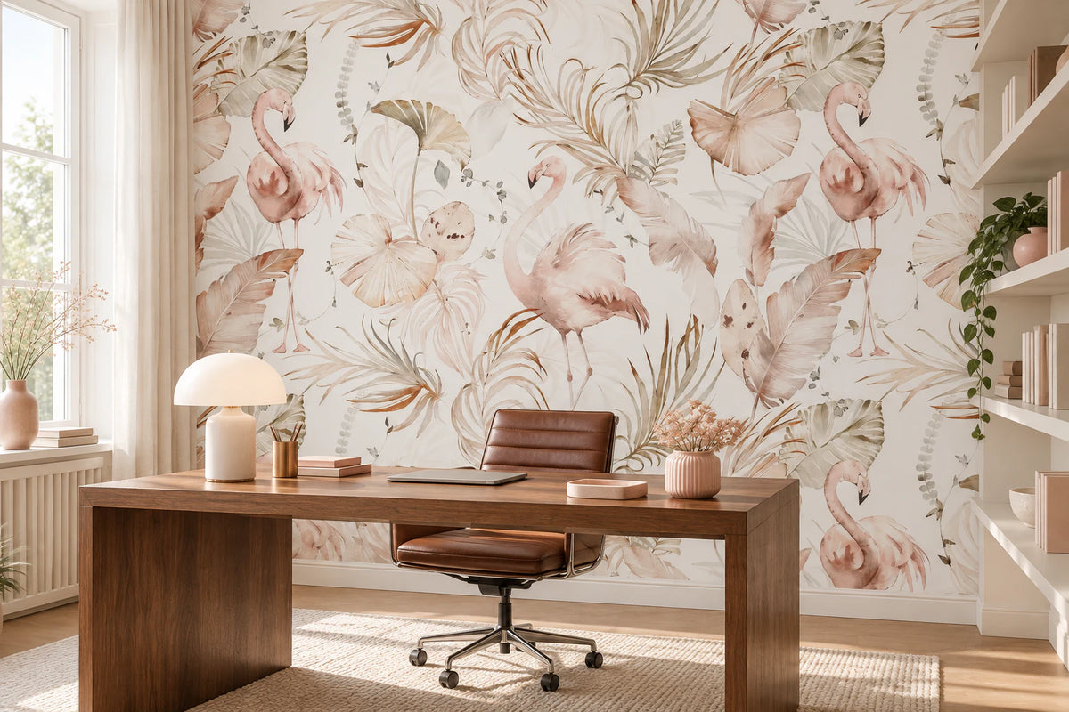 Papier peint sur mesure flamant rose et végétation - Bureau