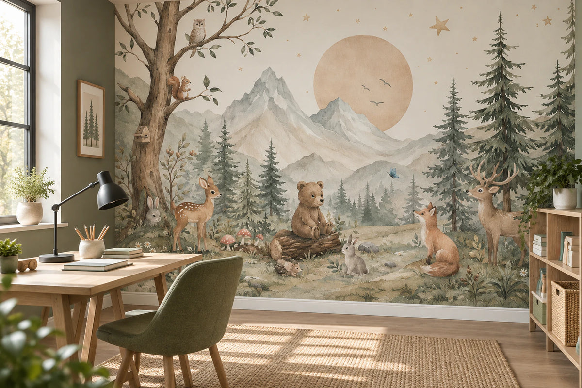 Papier peint panoramique Forêt des Songes – Animaux de la forêt et montagnes - Bureau