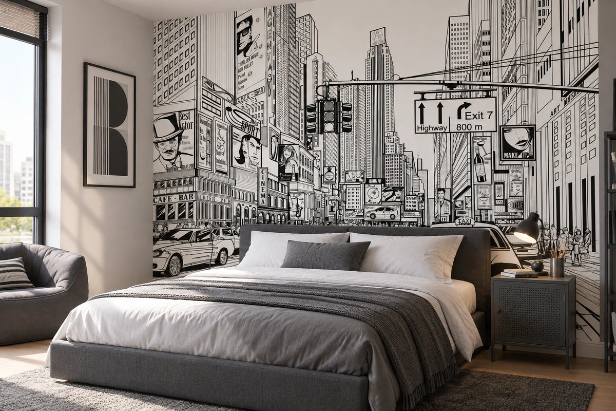 Papier peint panoramique illustration times square en noir et blanc - Chambre Ado
