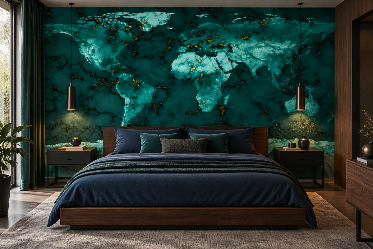 Papier peint carte du monde effet marbre vert - Chambre Parentale