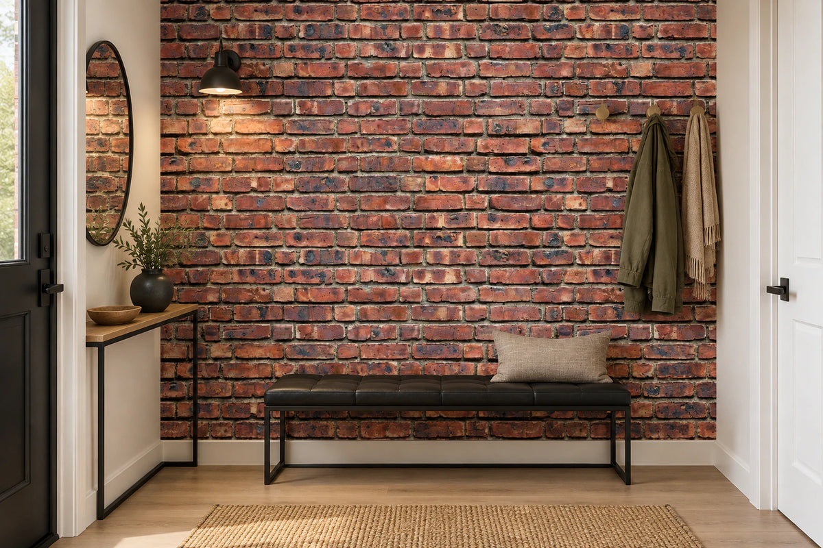Papier peint panoramique trompe l’œil mur de brique rouge - Chambre Parentale