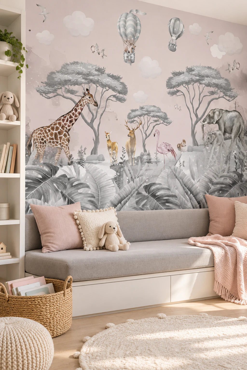 Papier peint girafe, éléphant dans la savane - Coin lecture enfant