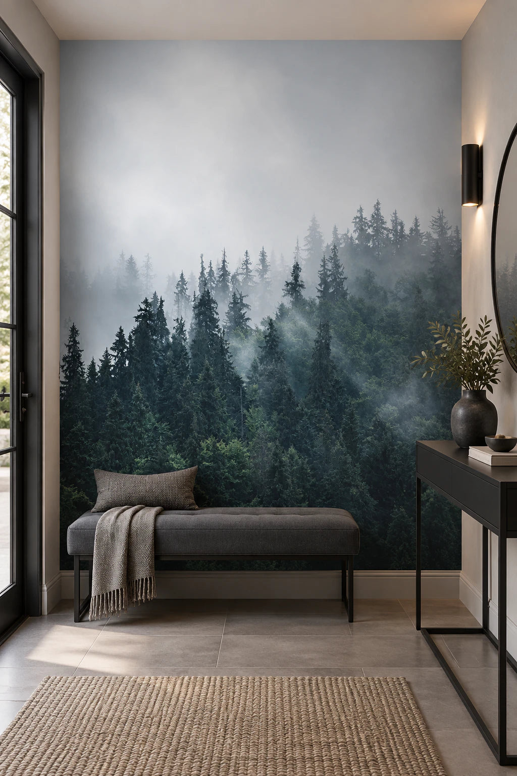 Papier peint panoramique forêt de sapin sous la brume - Couloir, Entrée