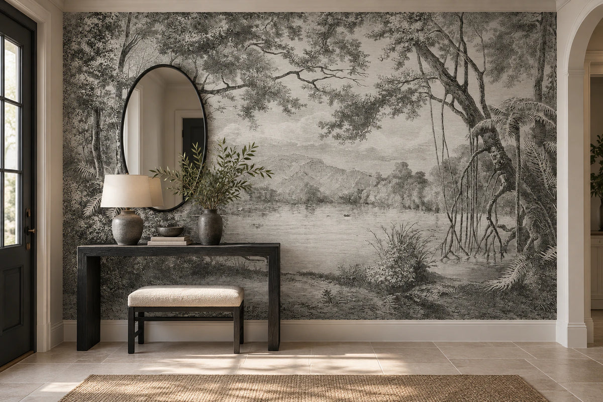 Papier peint forêt noir et blanc - Couloir, Entrée