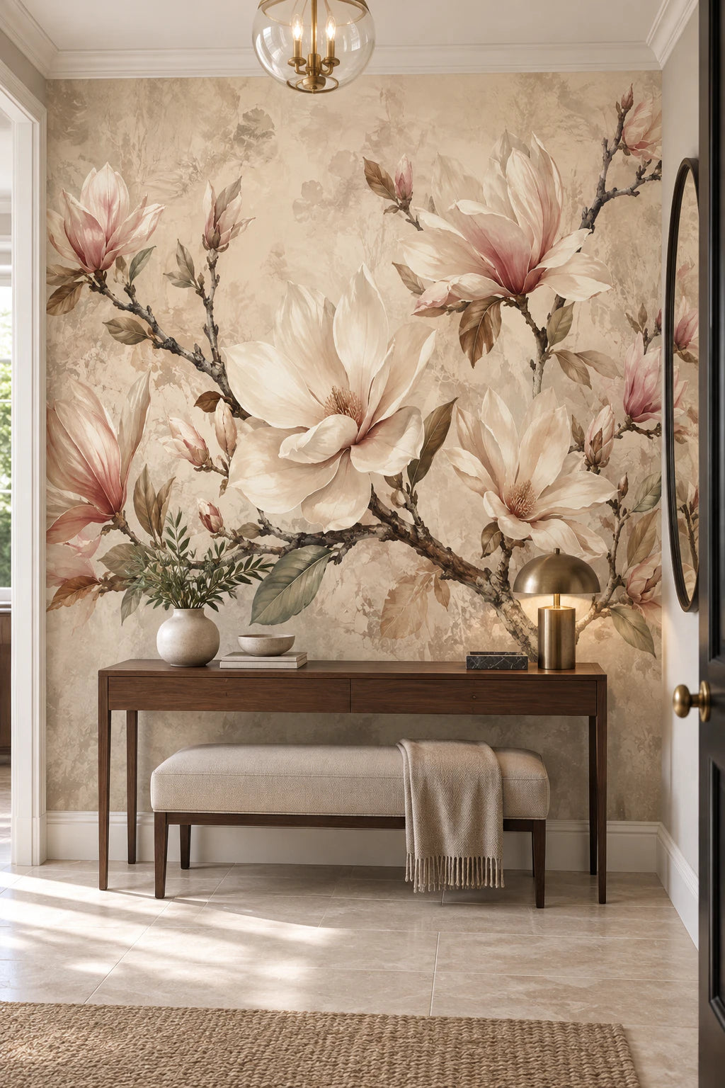 Papier peint panoramique Magnolias Poudrés - Fleurs beige et rose - Couloir, Entrée