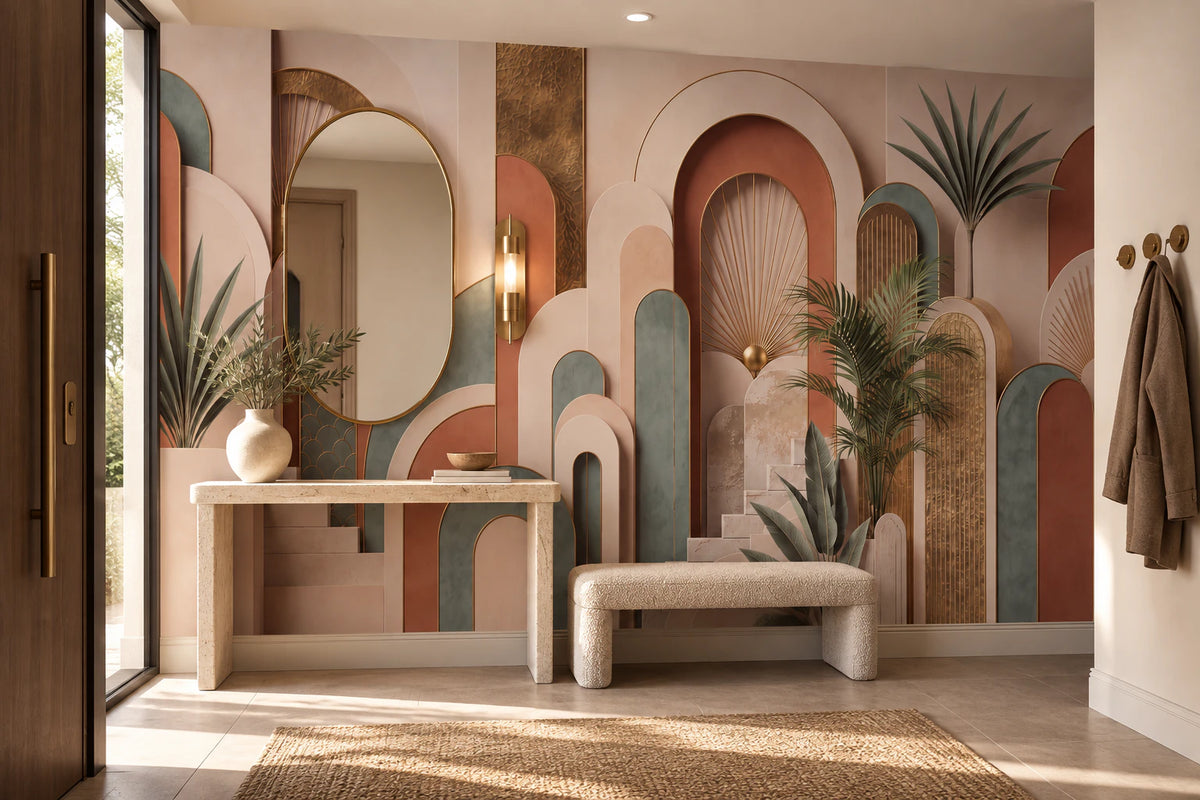 Papier peint panoramique Arches Dorées – Art déco terracotta - Couloir, Entrée