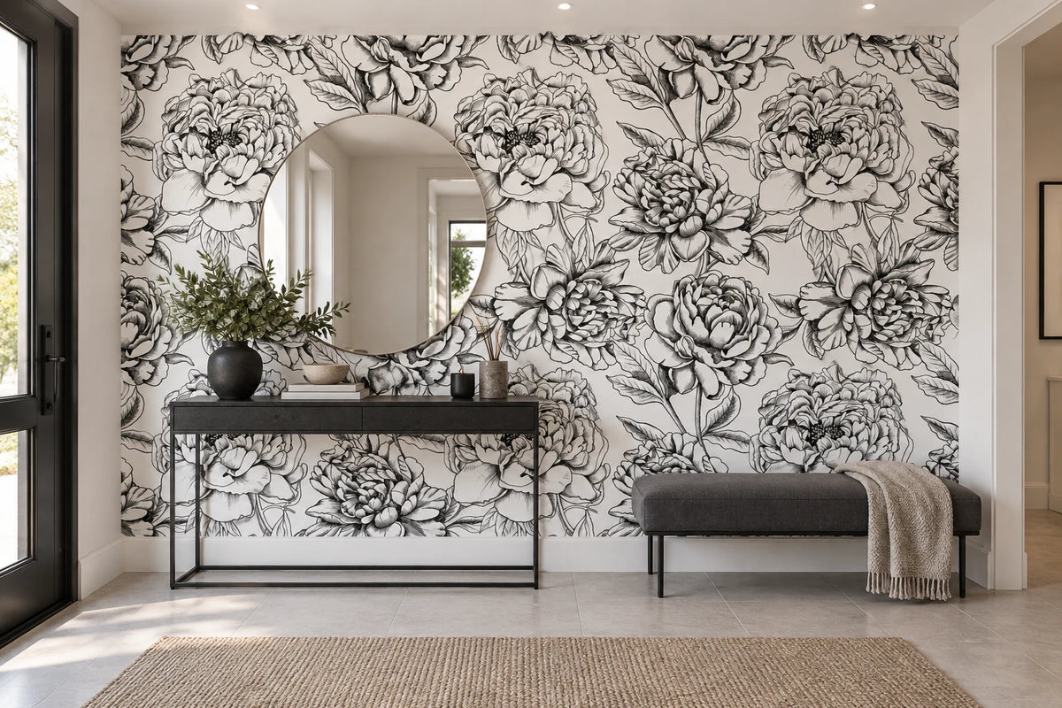 Papier peint panoramique illustration floral noir et blanc - Couloir, Entrée