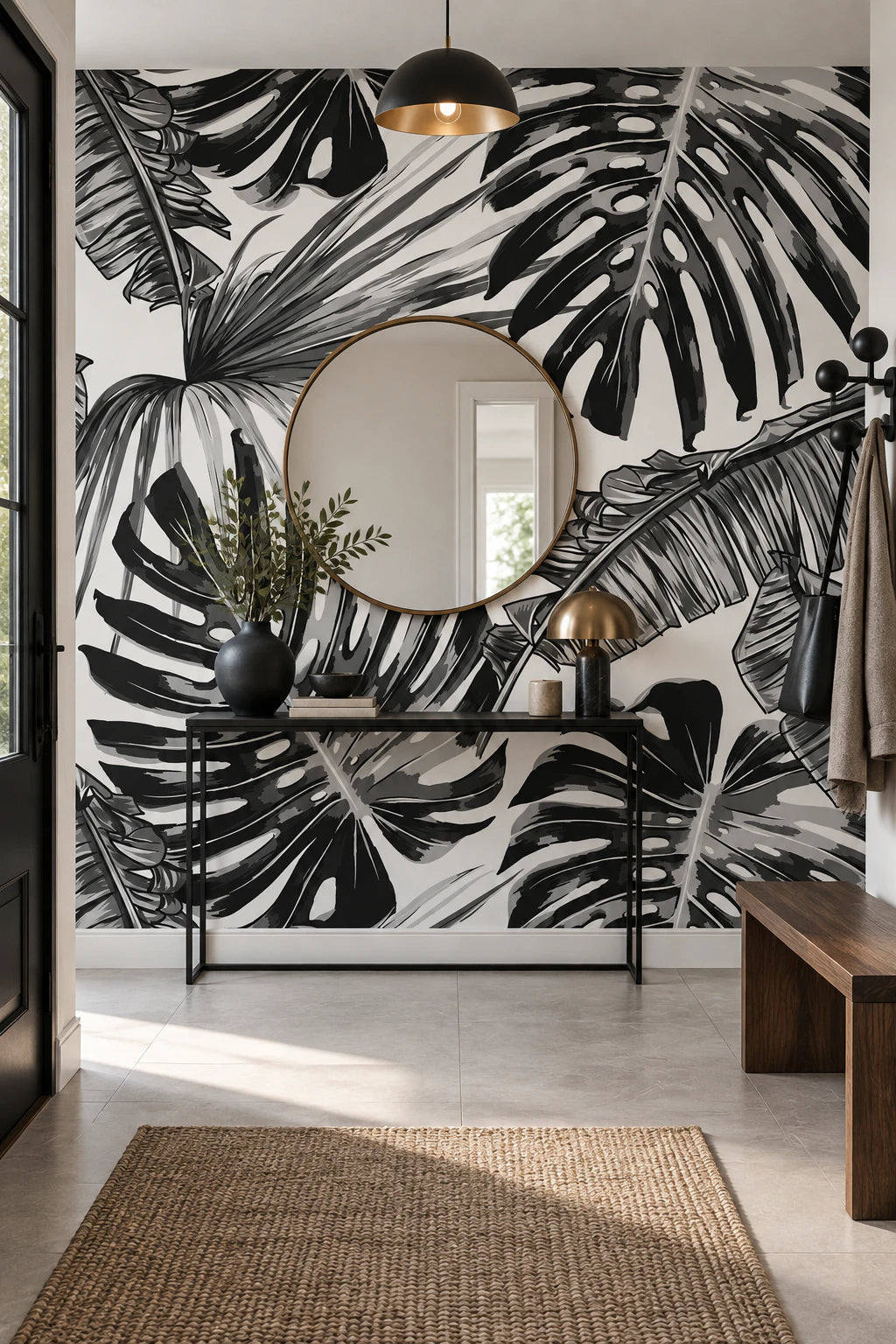 Papier peint panoramique monstera noir et blanc - Couloir, Entrée