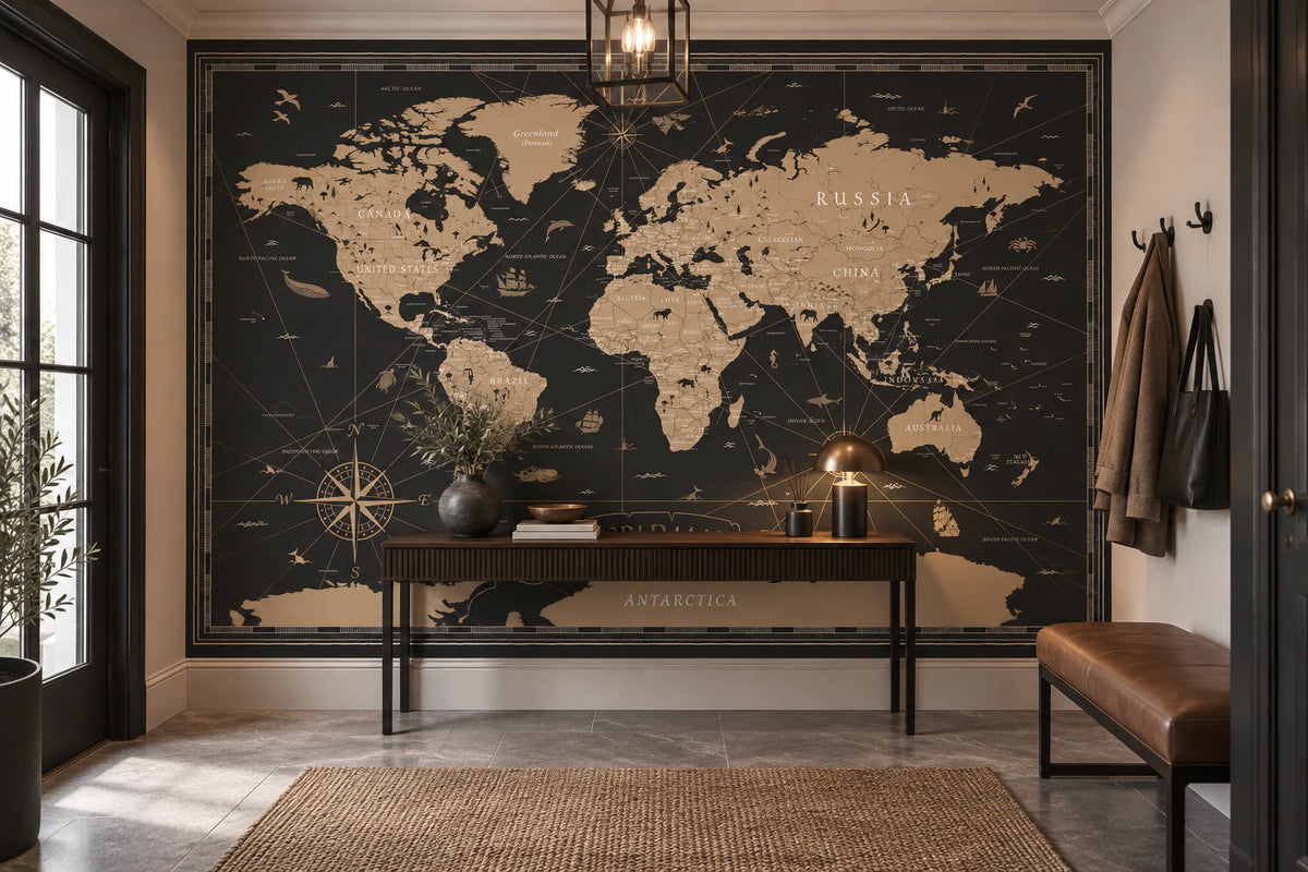 Papier peint panoramique carte du monde noir et beige - Couloir, Entrée
