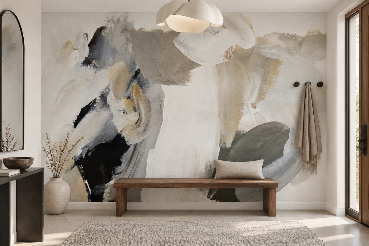 Papier peint panoramique peinture abstraite beige - Couloir, Entrée