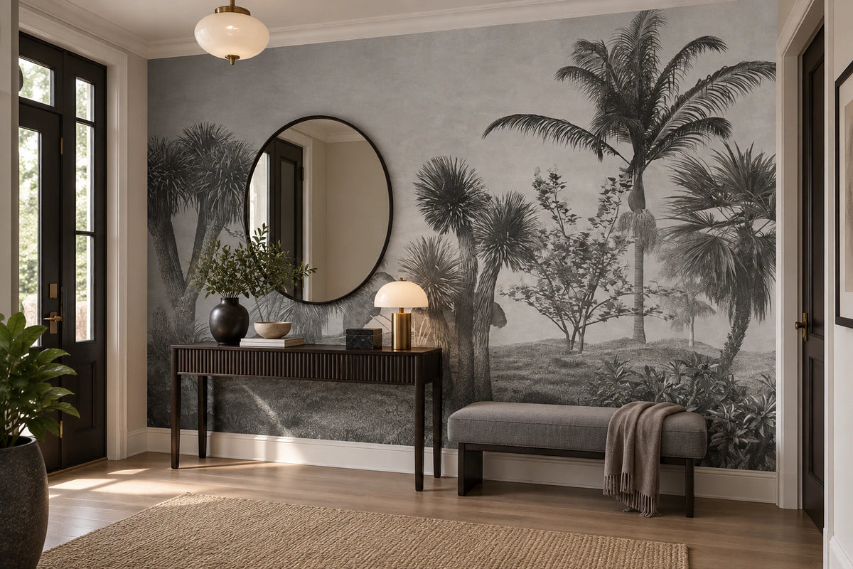 Papier peint jungle exotique noir et blanc - Couloir, Entrée