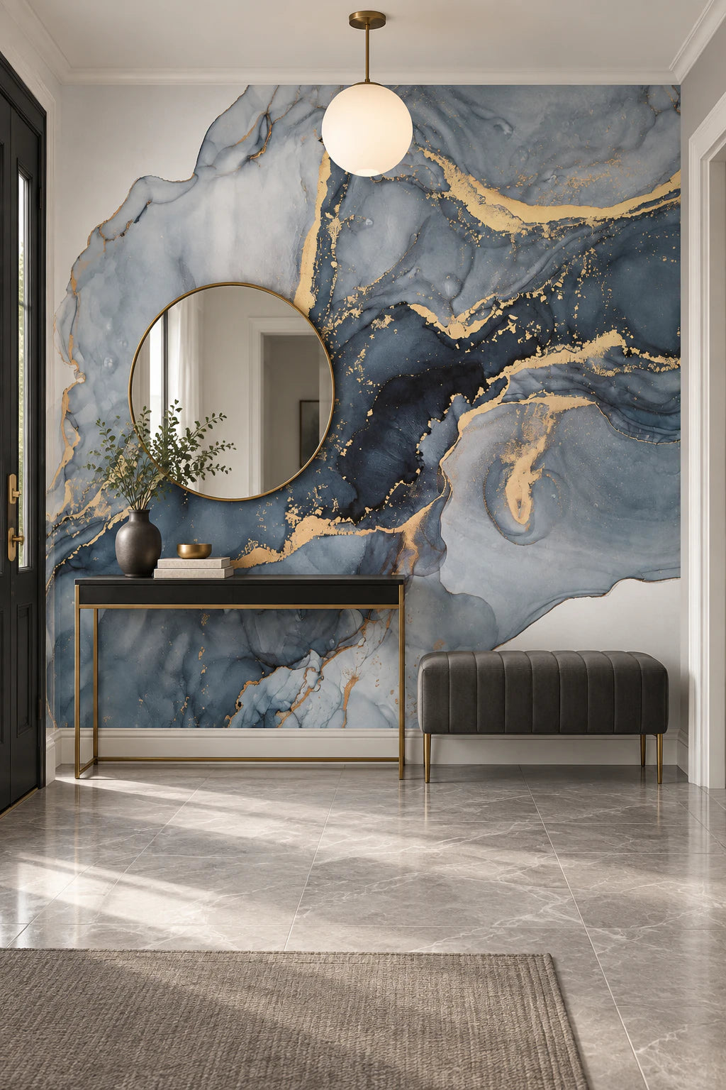 Papier peint panoramique marbre bleu et doré - Couloir, Entrée