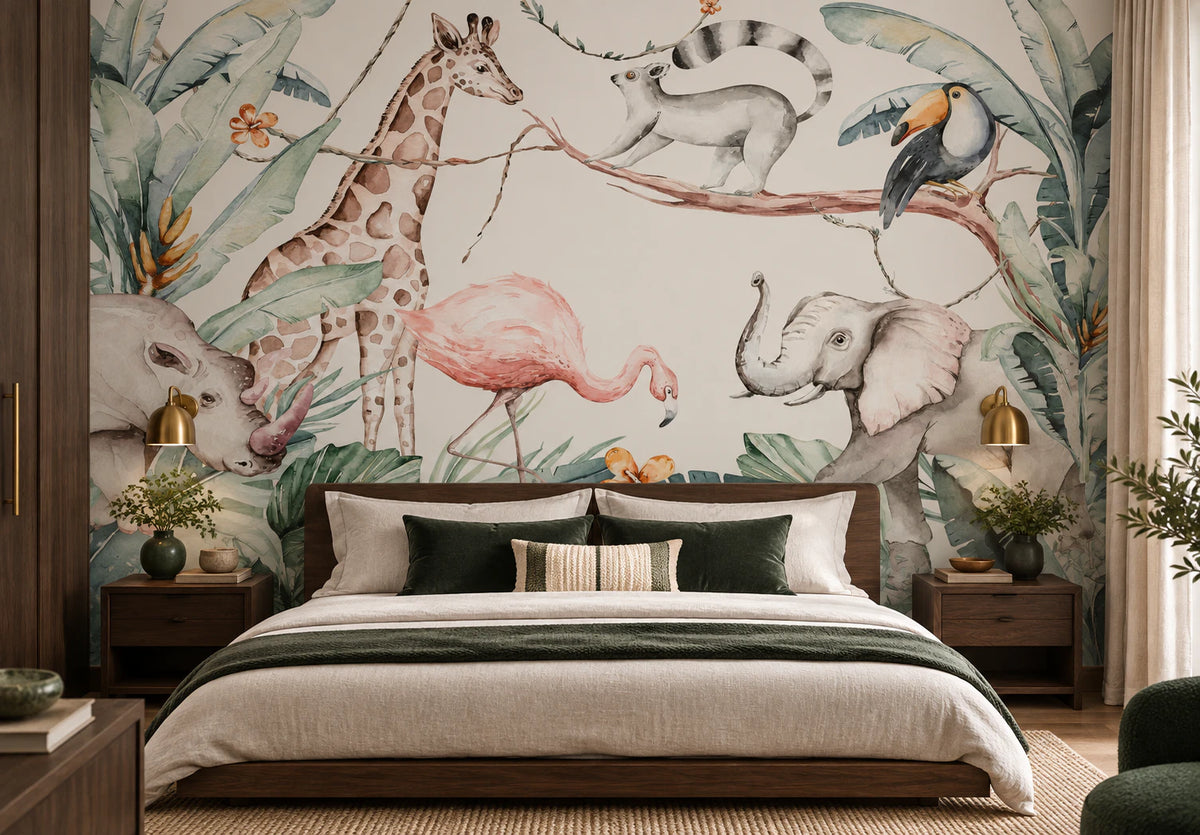 Papier peint chambre enfant, girafe, éléphant & Flamant rose - Tête de Lit