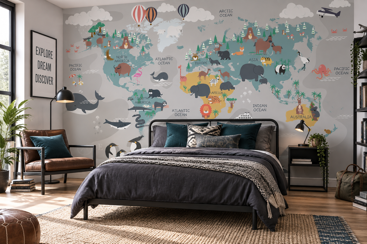 Papier peint Atlas Vagabond derrière un lit dans une chambre d’ado explorateur