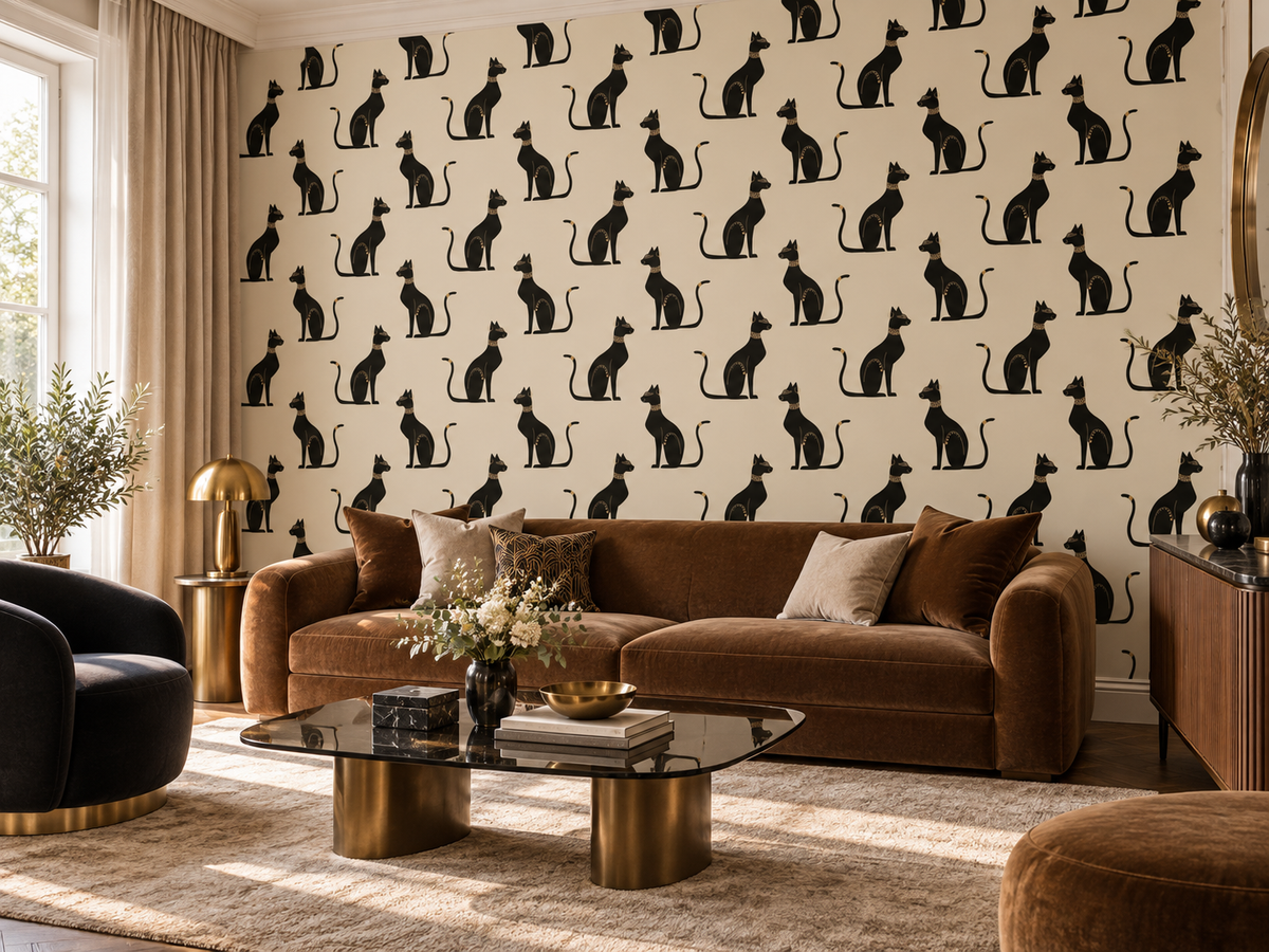 Papier peint félin d’inspiration égyptienne dans un salon art déco sombre