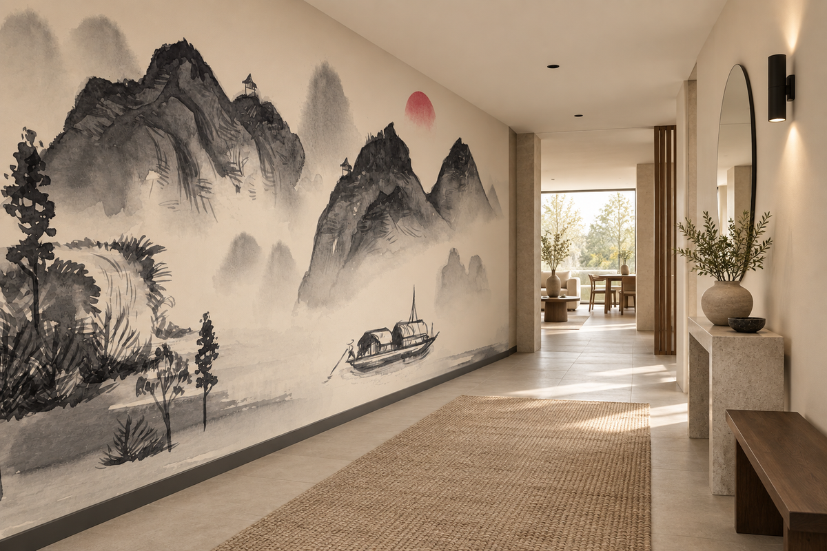 Fresque de paysage Brume des Cimes dans une entrée longue et lumineuse