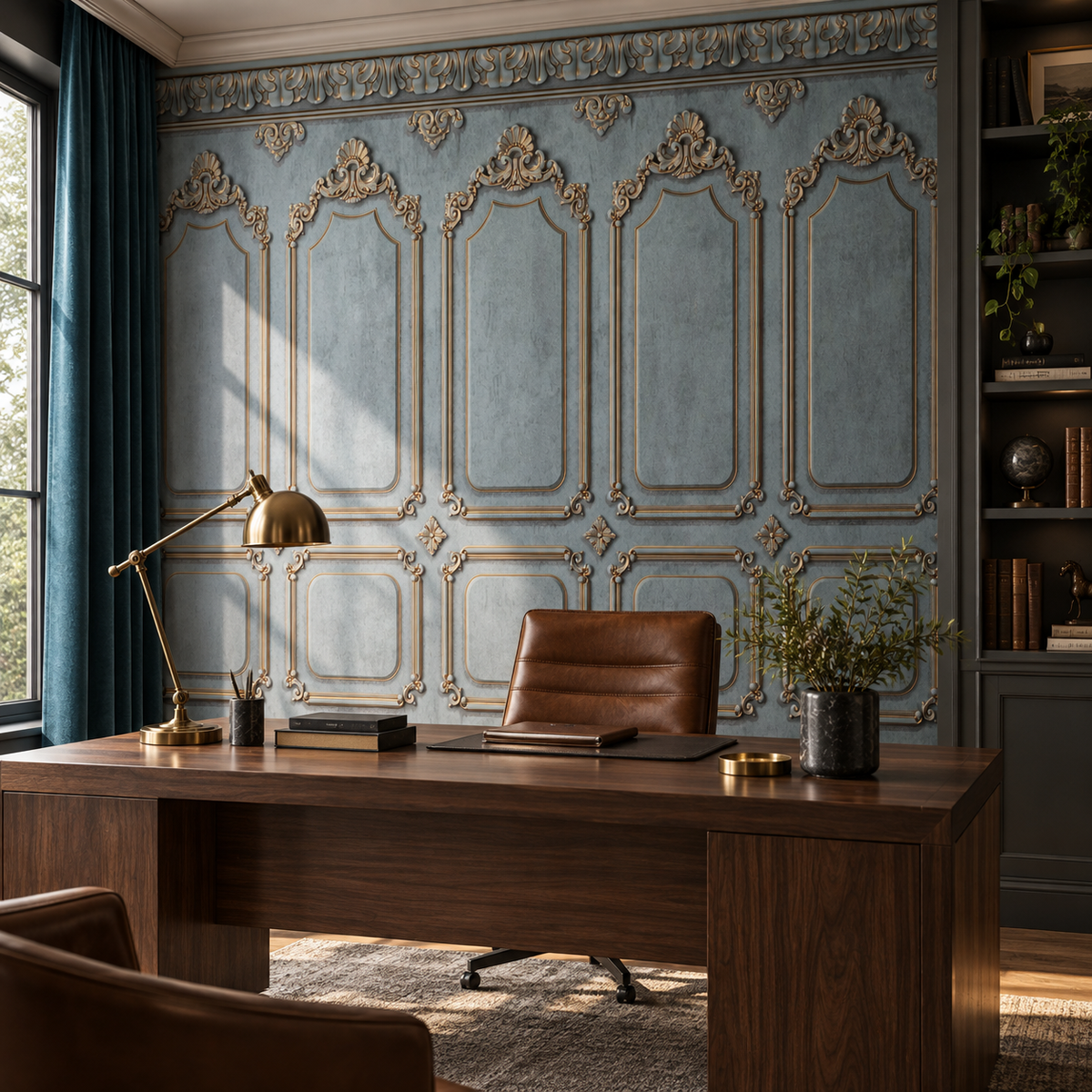 Tapisserie murale ornée Cadres Impériaux derrière un bureau design sombre