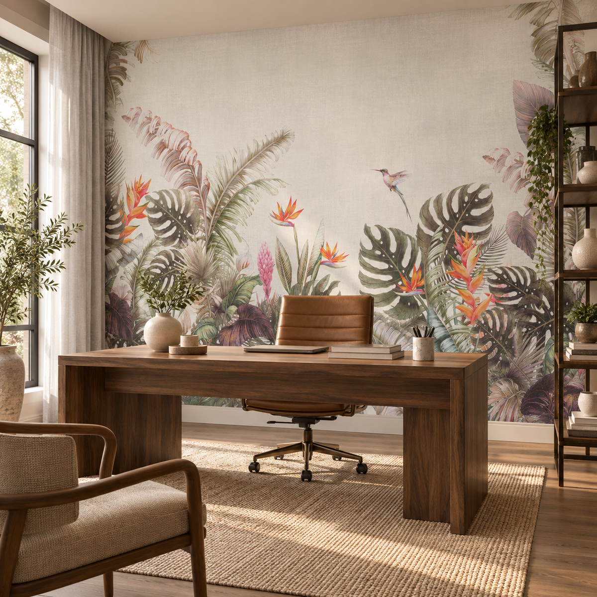 Papier peint panoramique Canopée d’Ivoire sur le mur d’un bureau design avec mobilier noyer