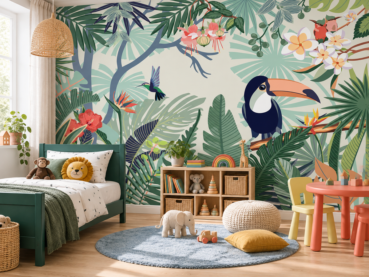 Papier peint panoramique Canopée Toucan dans une chambre d'enfant lumineuse