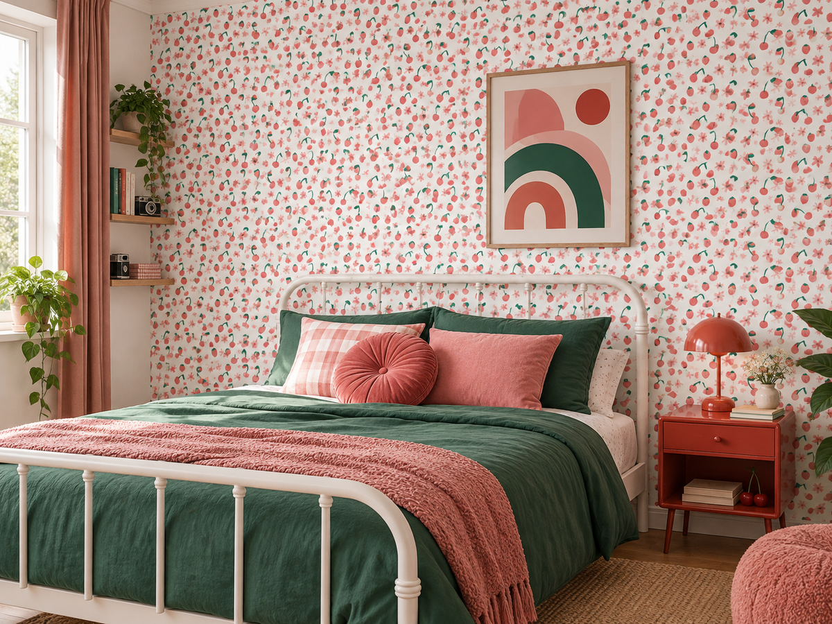 Papier peint à motif Cerise des Prés en tête de lit dans une chambre ado fraîche et graphique
