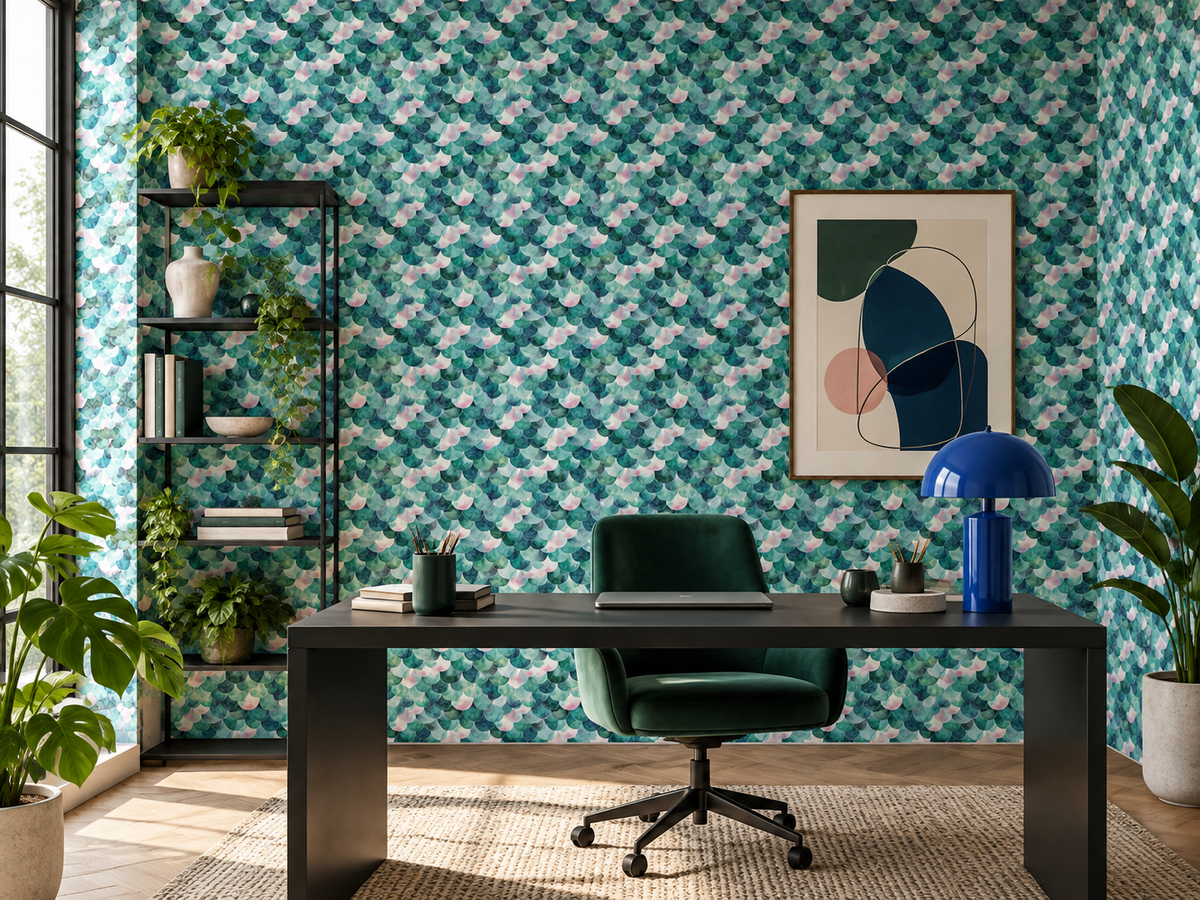Papier peint à motif Écailles Opaline dans un bureau design aux accents vert émeraude