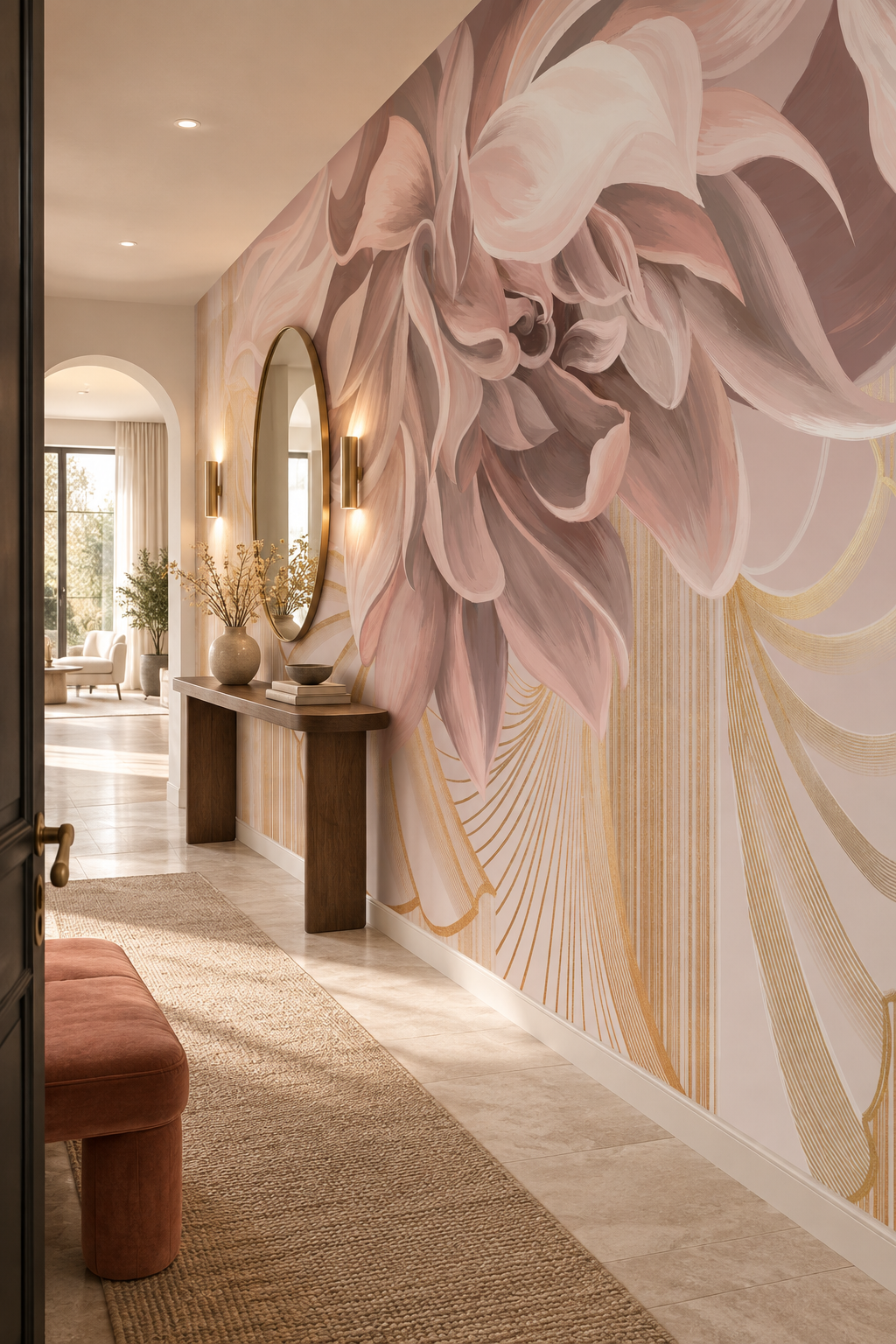 Papier peint Éclat Sépia dans une entrée élégante avec mobilier brun