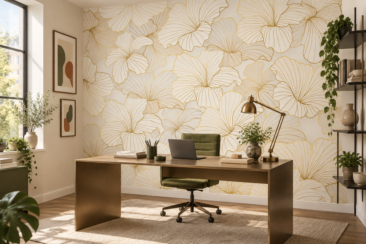 Papier peint feuilles dorées Éventail Doré sur le mur d’un bureau design
