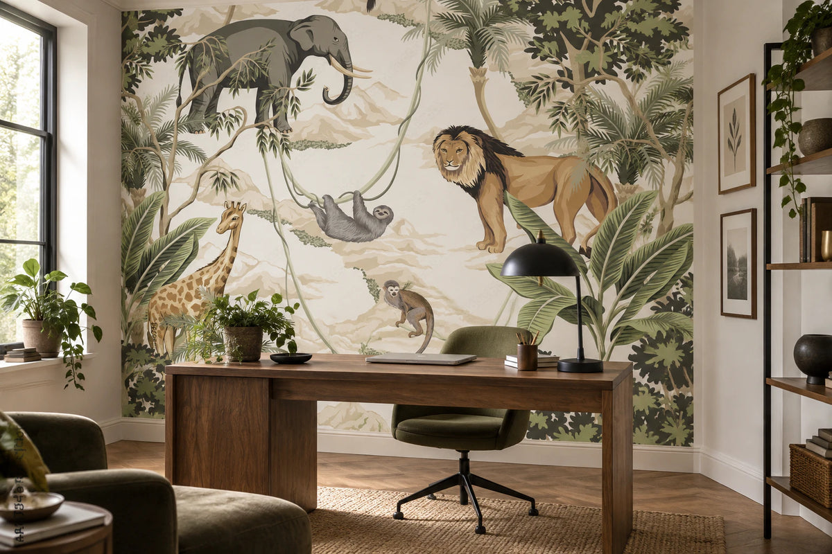 Papier peint panoramique Lion girafe et éléphant - Bureau