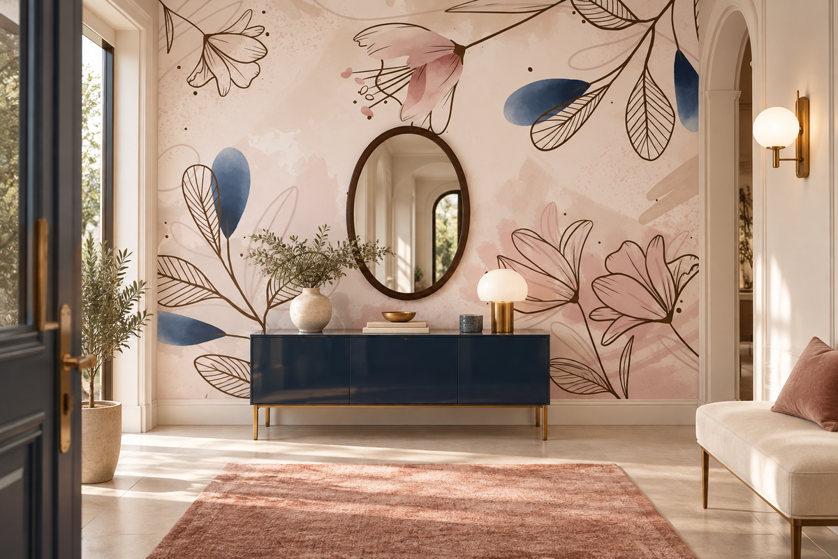 Papier peint floral rose poudré Floraison Poudrée dans une entrée design lumineuse
