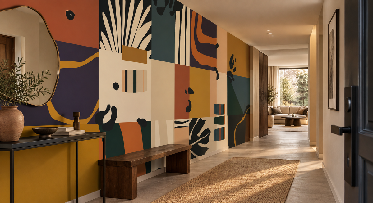 Papier peint panoramique Fragments Nomades dans une entrée design avec mobilier sculptural