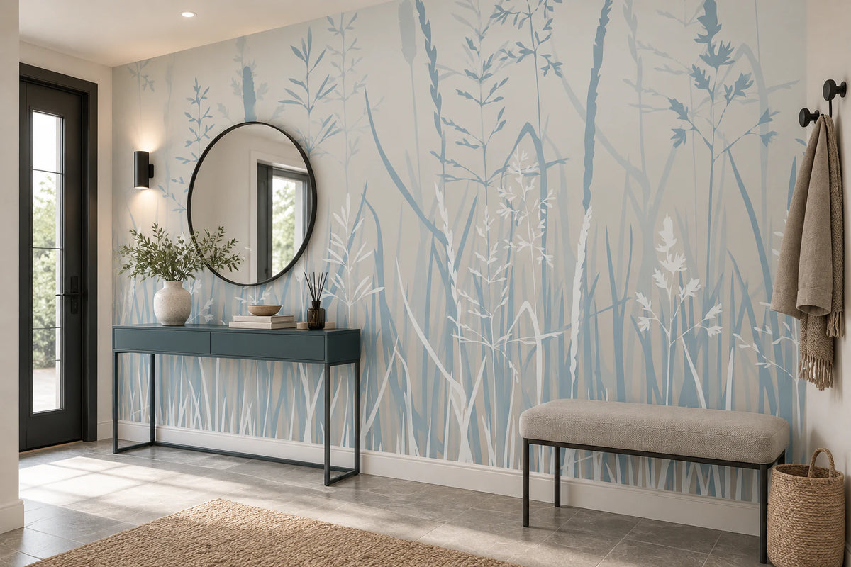 Papier peint panoramique Herbier Brumeux dans une entrée résidentielle aux lignes contemporaines