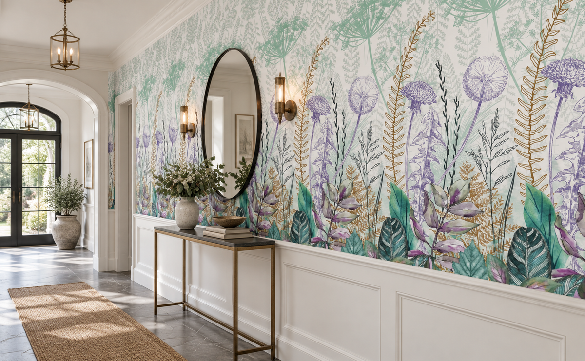 Vue d’ensemble du papier peint Herbier Opalin dans un {room} lumineux