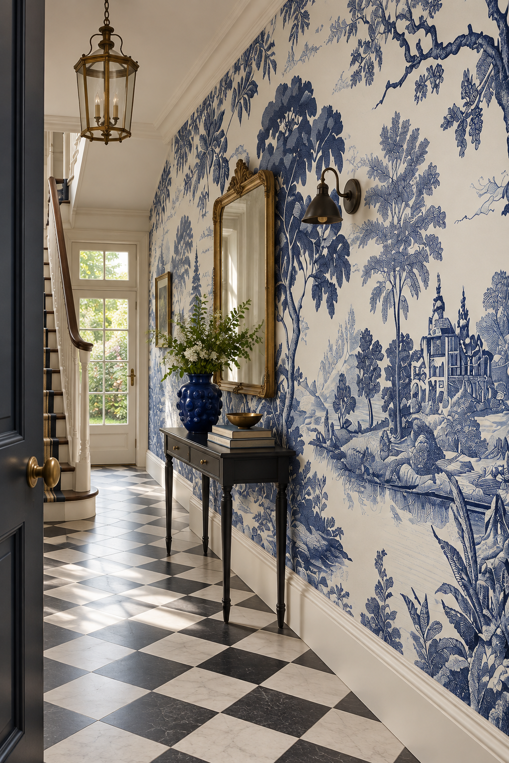 Fresque paysagère bleu et crème Jardin d’Indigo dans une entrée avec escalier