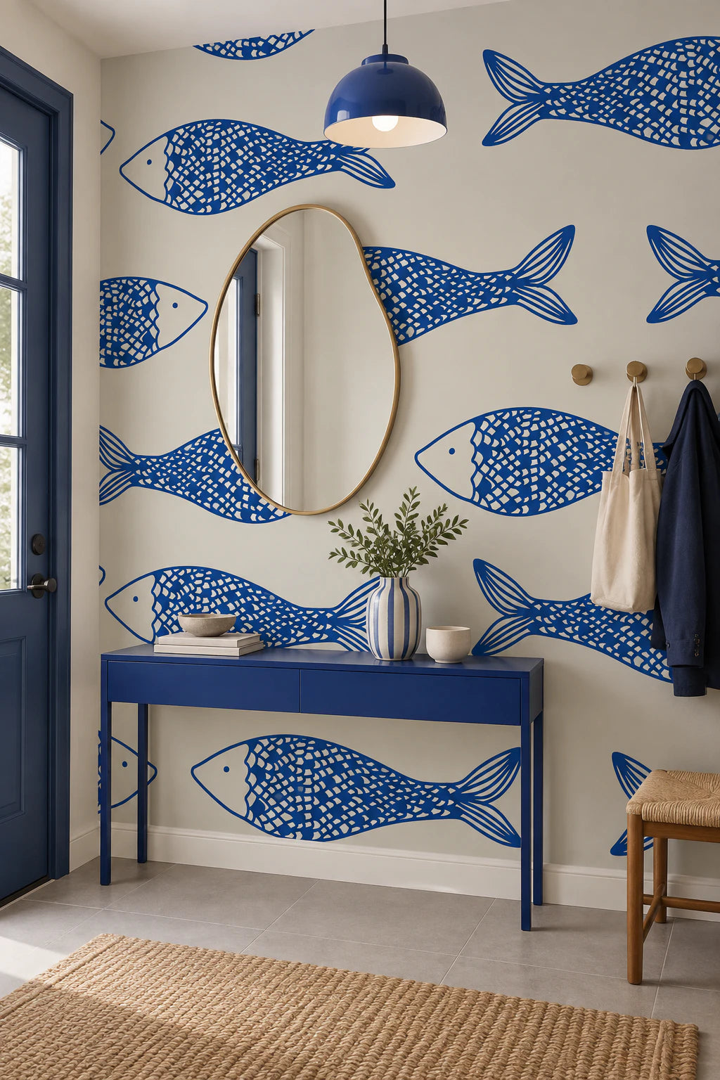 Papier peint panoramique Nage Indigo dans une entrée résidentielle graphique
