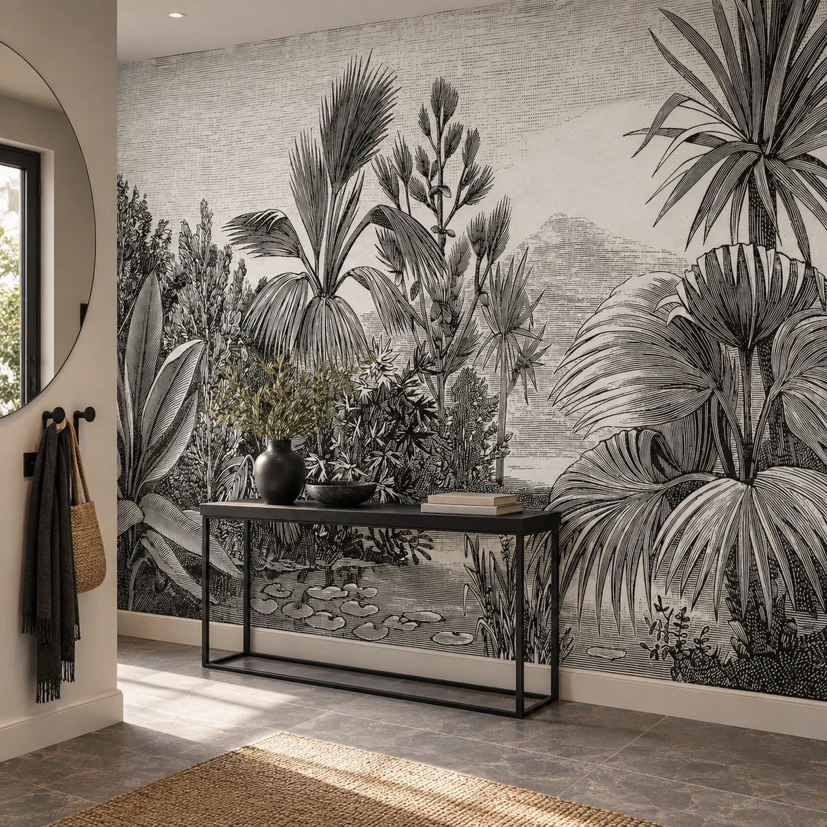 Papier peint panoramique dessin paysage tropical noir et blanc - Couloir, Entrée