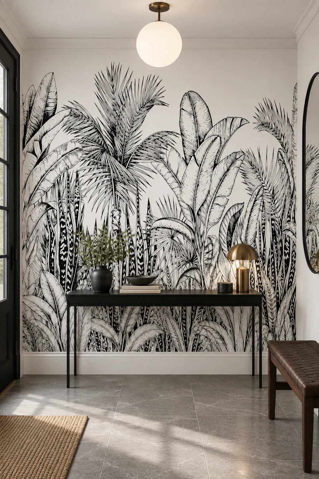Papier peint panoramique forêt tropicale noir et blanc - Couloir, Entrée