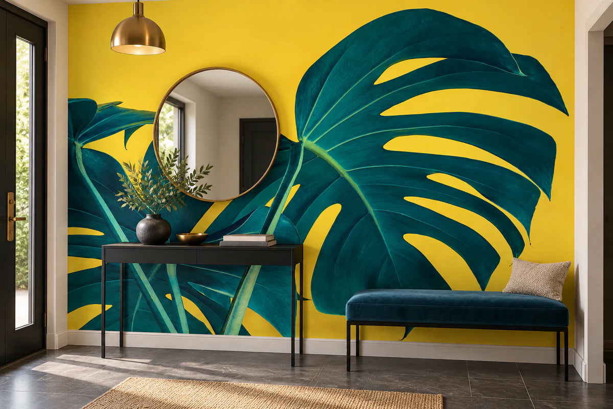 Papier peint panoramique grande feuille de monstera fond jaune - Couloir, Entrée