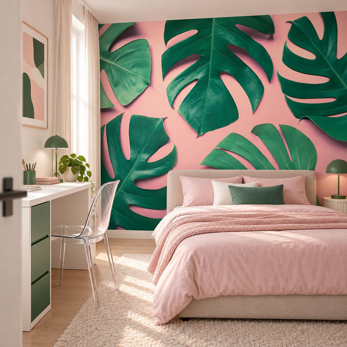 Papier peint panoramique grande feuille de monstera fond rose - Chambre Ado