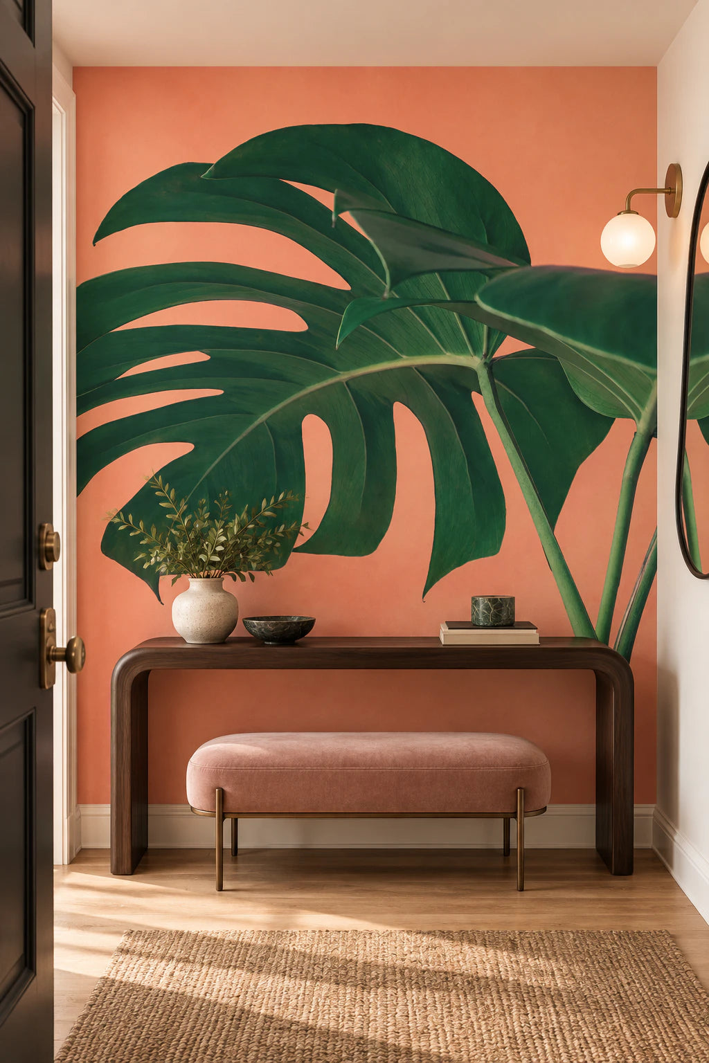 Papier peint panoramique grande feuille de monstera fond orange - Couloir, Entrée