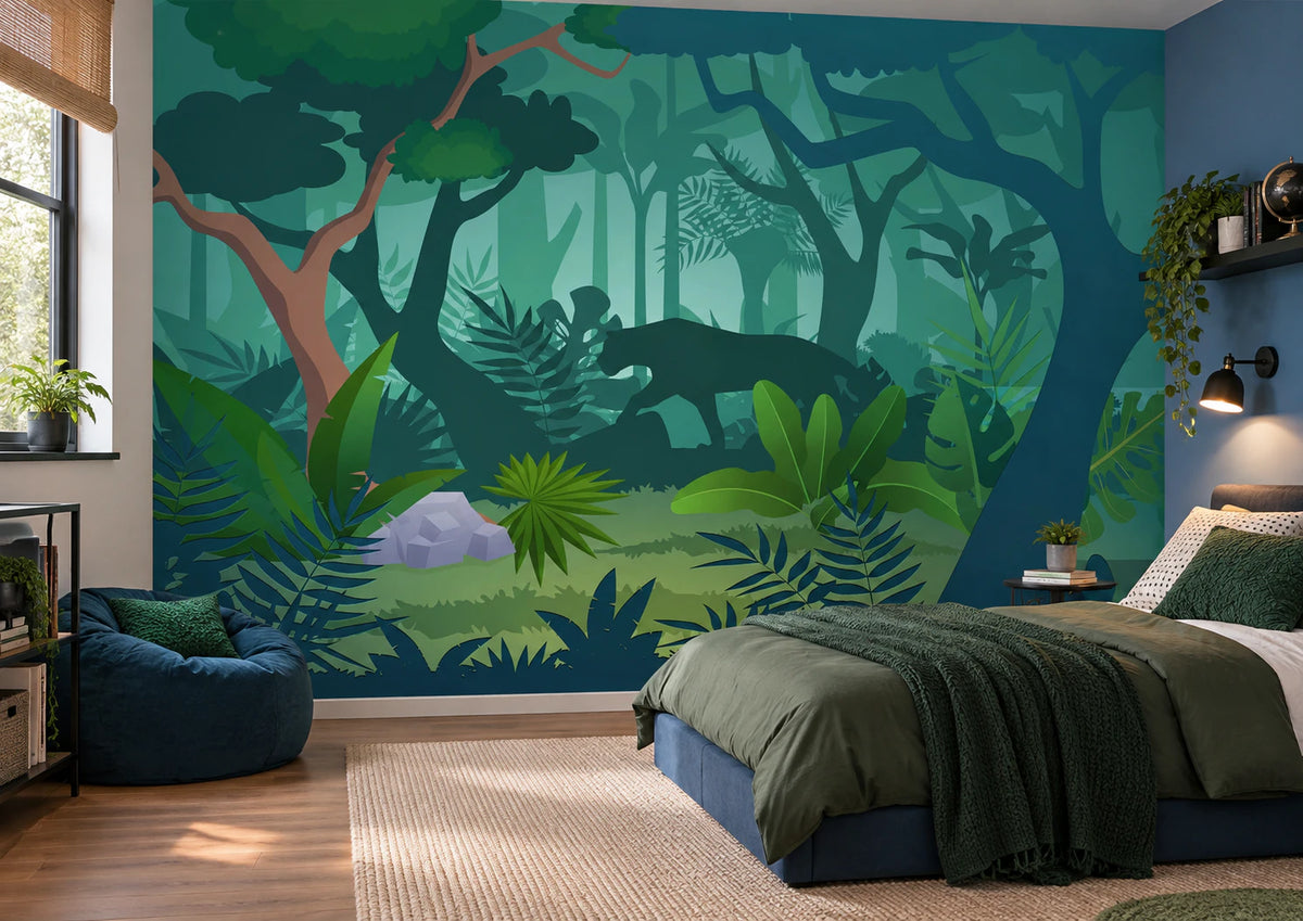 Papier peint panoramique panthère dans la forêt tropicale - Chambre Ado